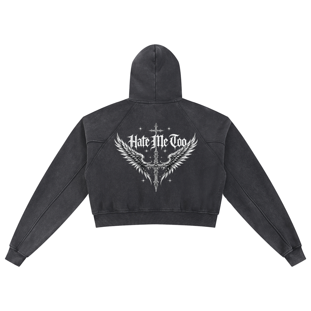 Hate Me Too Snow Washed Cropped Hoodie