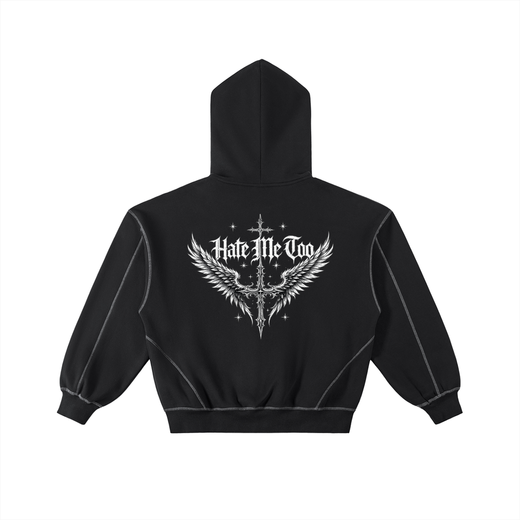 Hate Me Too Contrast-Stitched Boxy Fleece Zip Hoodie