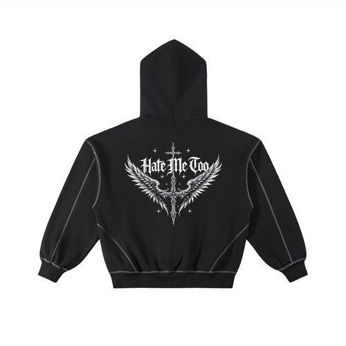 Hate Me Too Contrast-Stitched Boxy Fleece Zip Hoodie