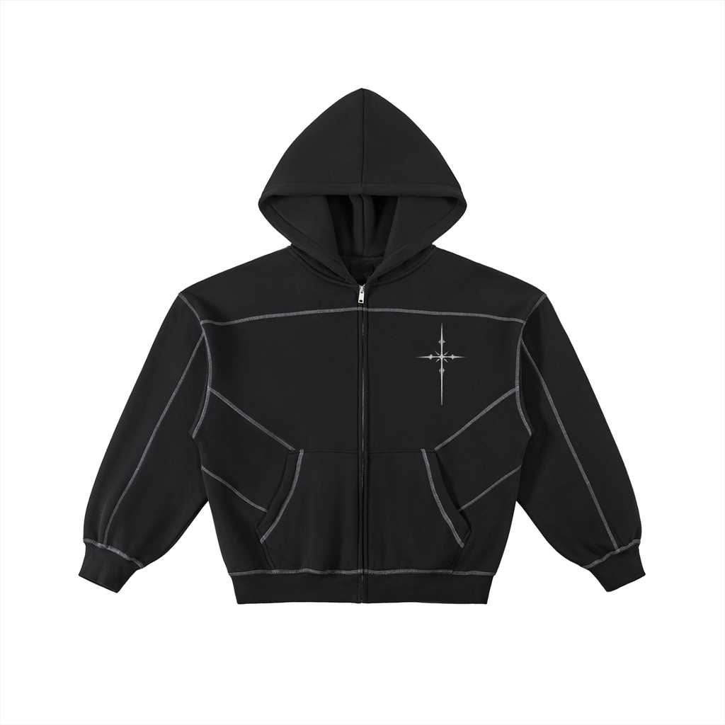 Hate Me Too Contrast-Stitched Boxy Fleece Zip Hoodie